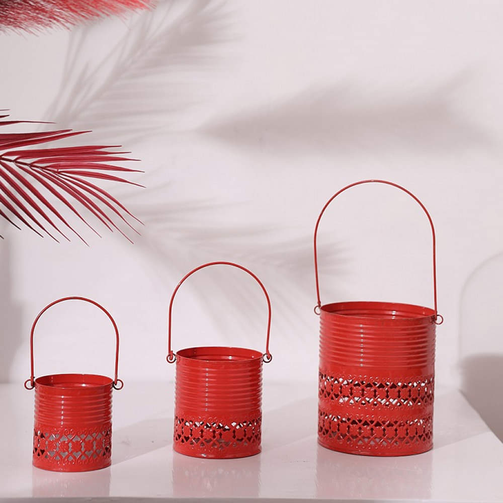 Metal Red Flower Pot Hanging Basket For Home Decoration (Set Of 3) - photo