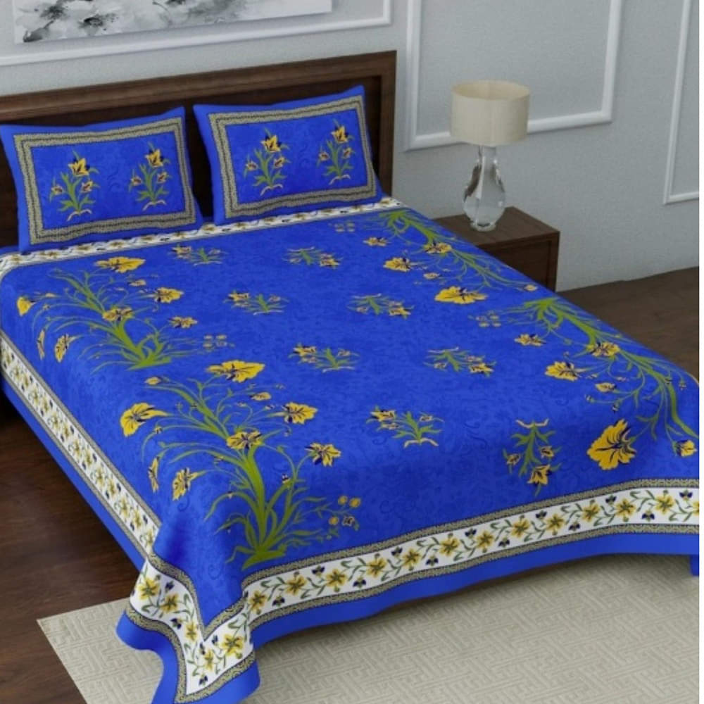 Cotton Double Bedsheet With Pillow Covers Jaipuri Print - Blue - photo