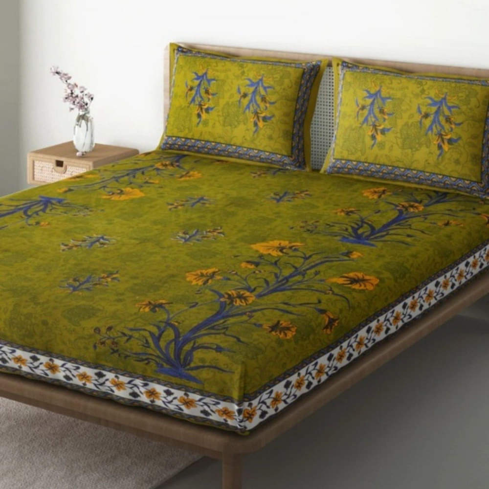 100% Cotton Double Bedsheet With Pillow Covers Jaipuri Print - Green - photo