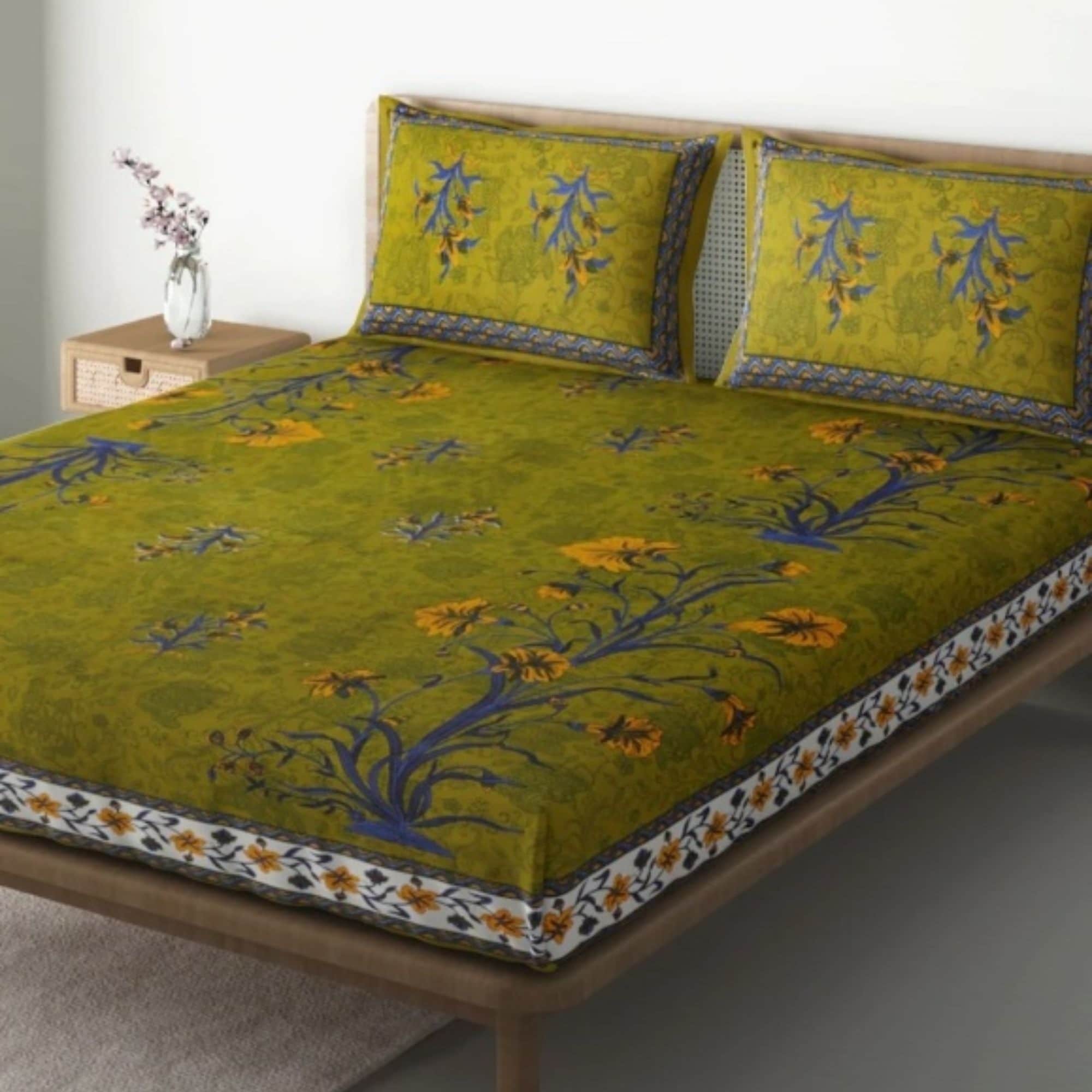 100% Cotton Double Bedsheet With Pillow Covers Jaipuri Print - Green - front_view