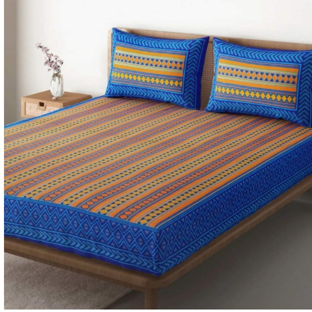 Unique Blue Colored Jaipuri Print Cotton Double Bedsheet with 2 Pillow Cover - photo