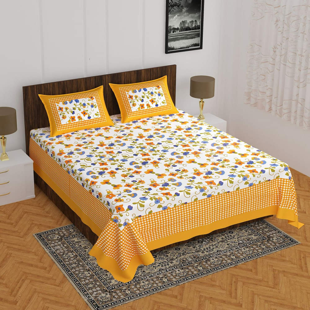Yellow color cotton Double Bedsheet with 2 Pillow Covers - photo