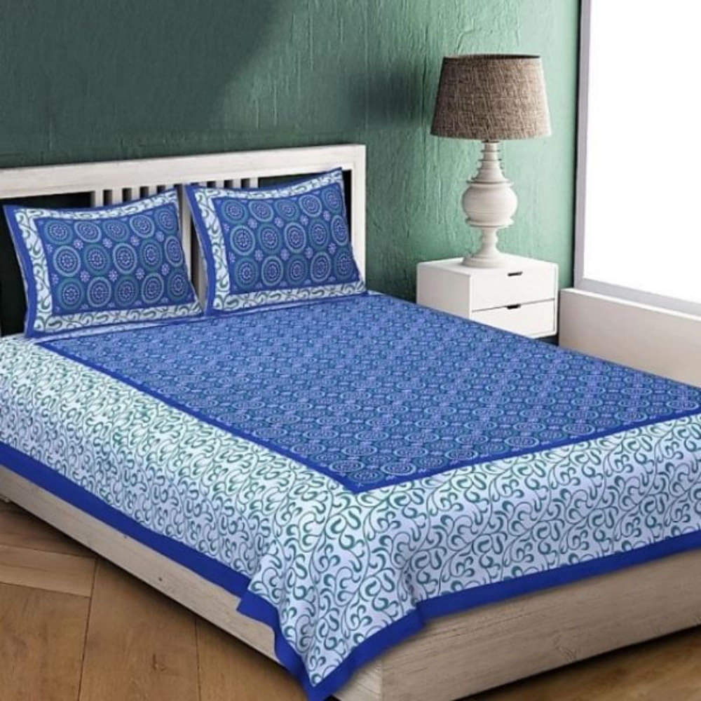 Gleaming Blue Colored Jaipuri Print Cotton Double Bedsheet with 2 Pillow Cover - photo