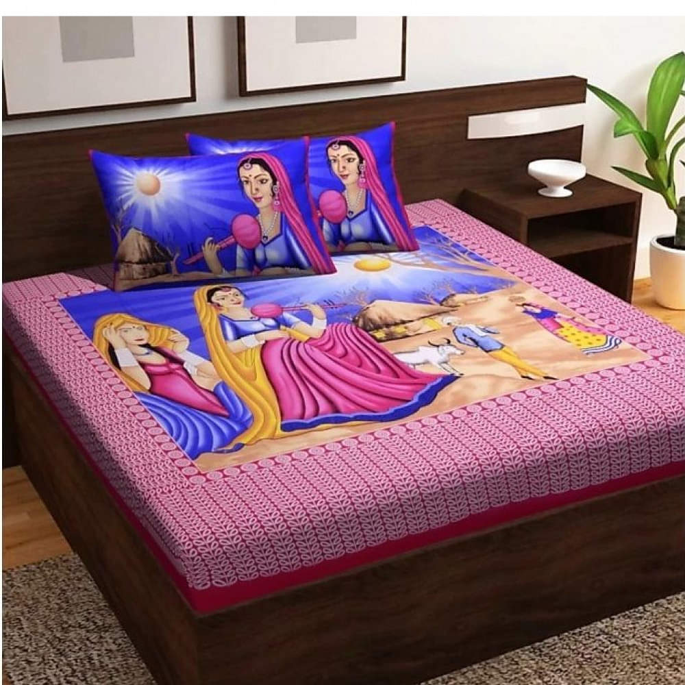 Cotton Double Bedsheet With Pillow Covers Jaipuri Print - Pink - photo