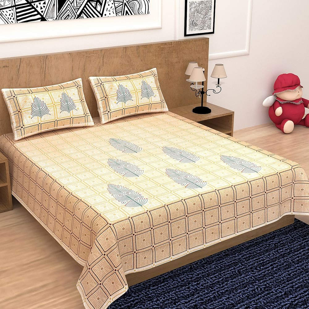 Pure Cotton Double Bedsheet with Pillow Covers Leaf Print - Yellow - photo