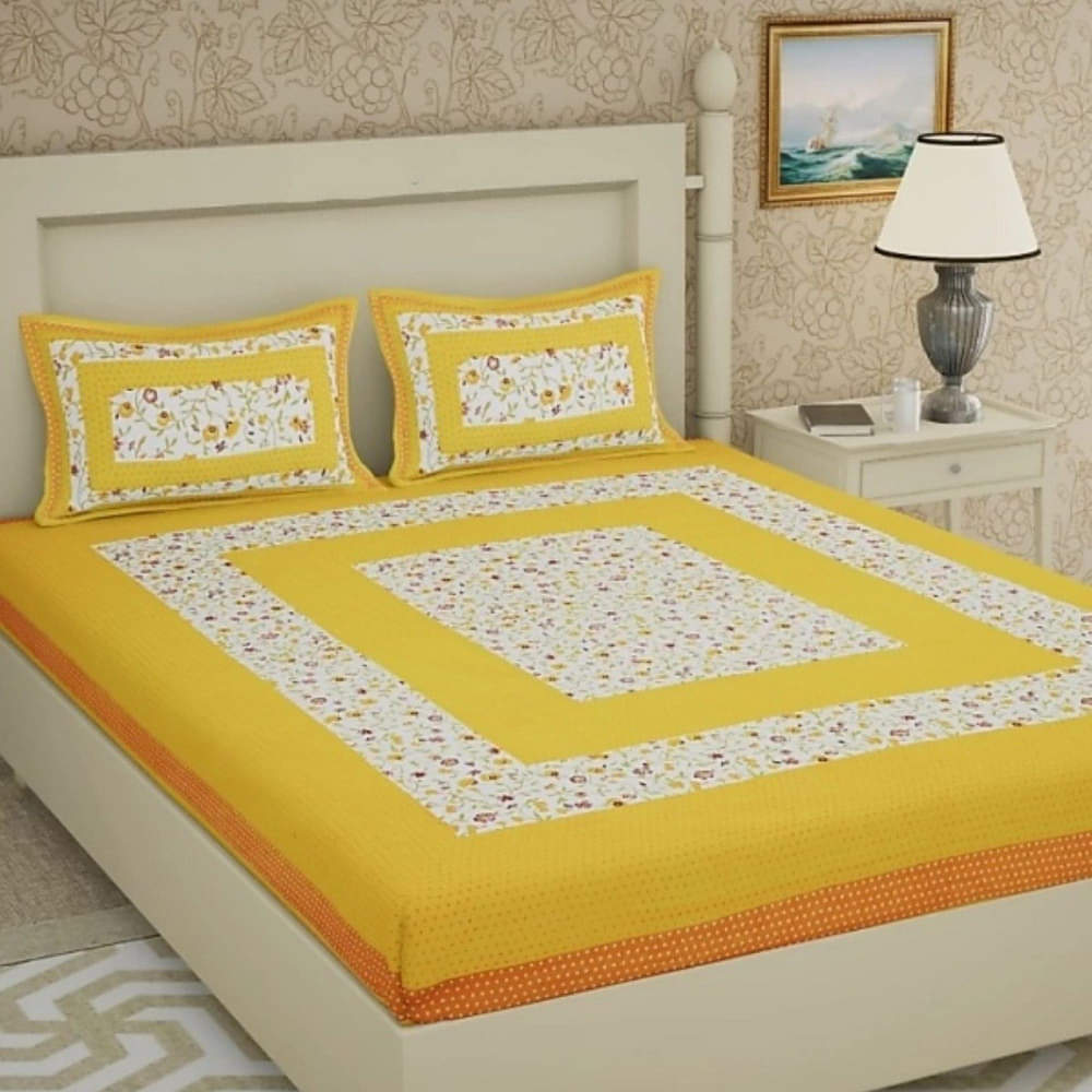 100 % Pure Cotton Double Bedsheet With 2 Pillow Covers Jaipuri Print - Yellow - photo