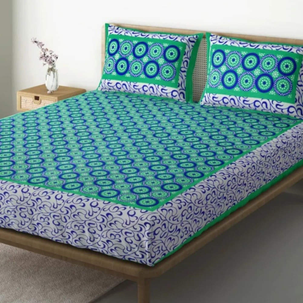 Cotton Double Bedsheet With 2 Pillow Covers Jaipuri Print - Sea-Green - photo