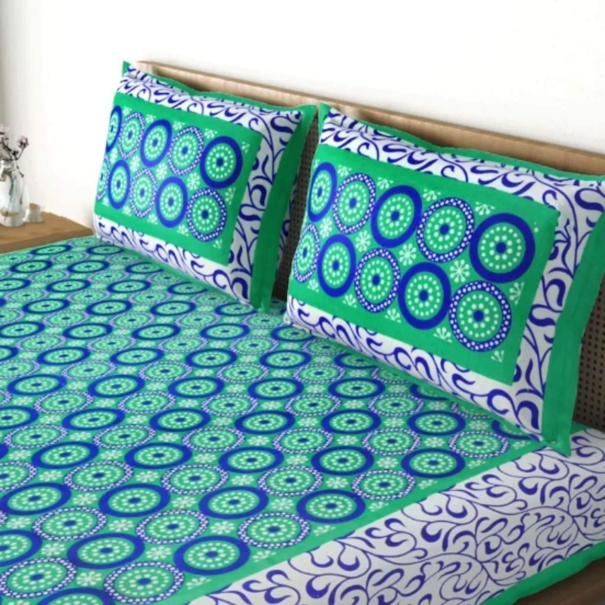 Cotton Double Bedsheet With 2 Pillow Covers Jaipuri Print - Sea-Green - front_view
