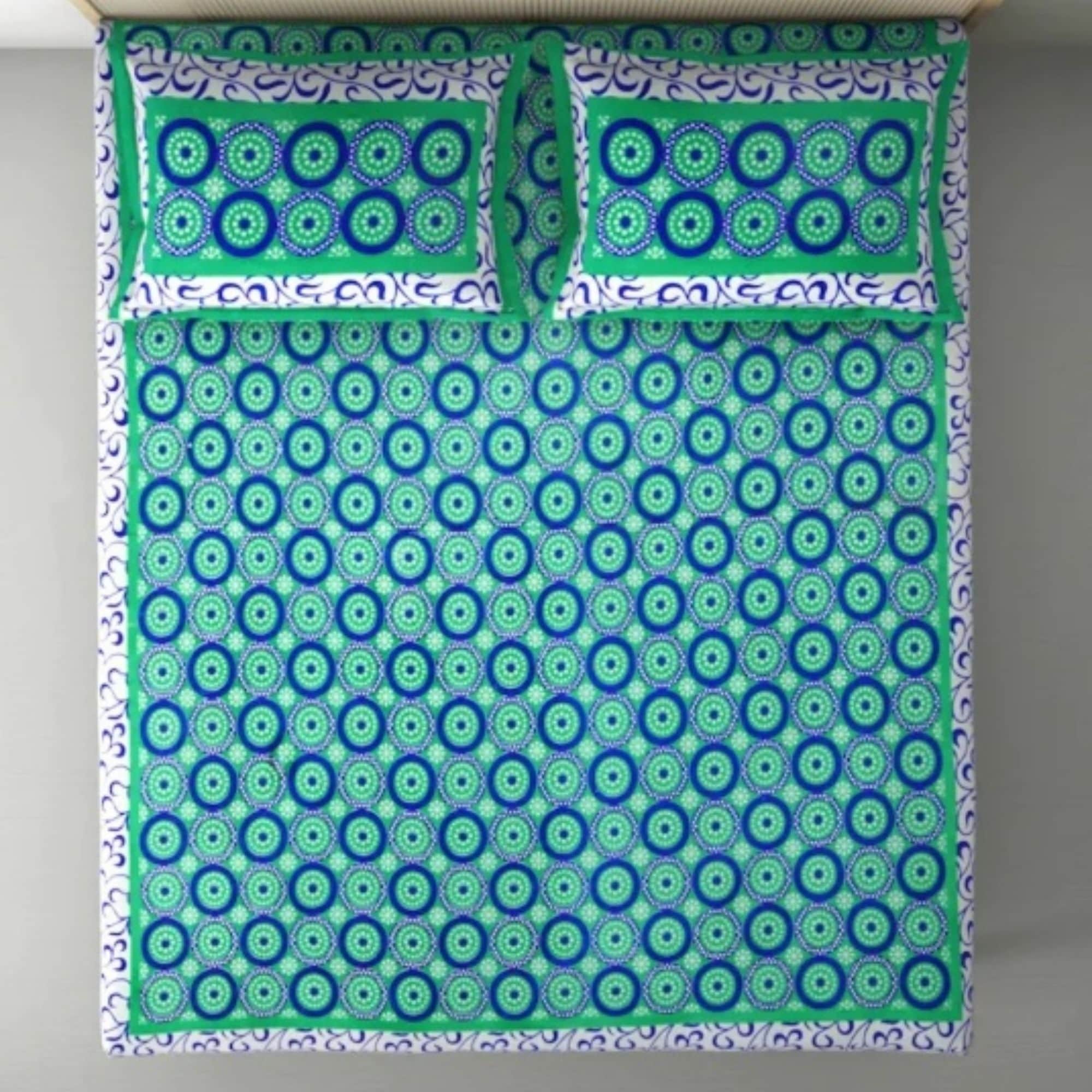 Cotton Double Bedsheet With 2 Pillow Covers Jaipuri Print - Sea-Green - top_view