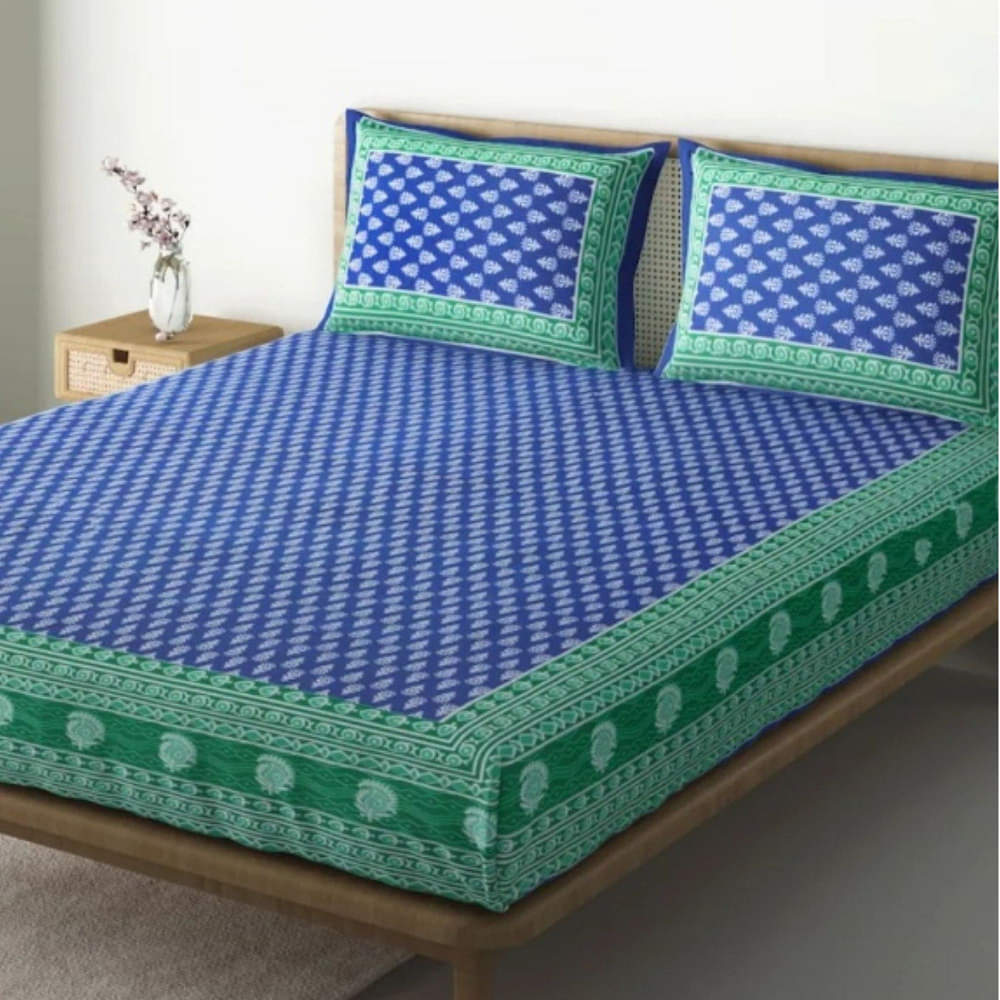 100 % Pure Cotton Double Bedsheet With 2 Pillow Covers Jaipuri Print - Blue - photo