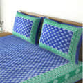 100 % Pure Cotton Double Bedsheet With 2 Pillow Covers Jaipuri Print - Blue - front_view