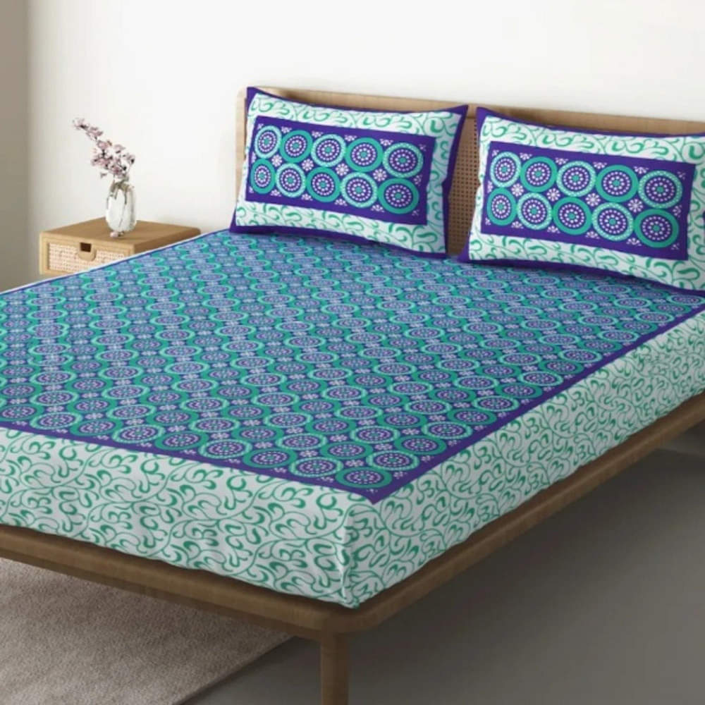 100% Cotton Double Bed Sheet with 2 Pillow Covers Jaipuri Print - Blue - photo