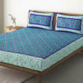 100% Cotton Double Bed Sheet with 2 Pillow Covers Jaipuri Print - Blue - photo