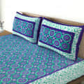 100% Cotton Double Bed Sheet with 2 Pillow Covers Jaipuri Print - Blue - front_view