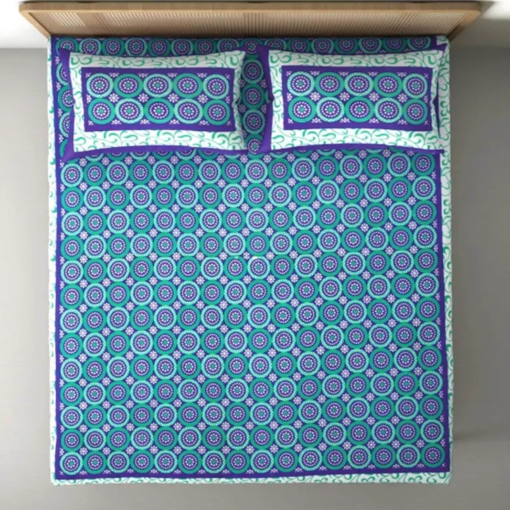 100% Cotton Double Bed Sheet with 2 Pillow Covers Jaipuri Print - Blue - top_view