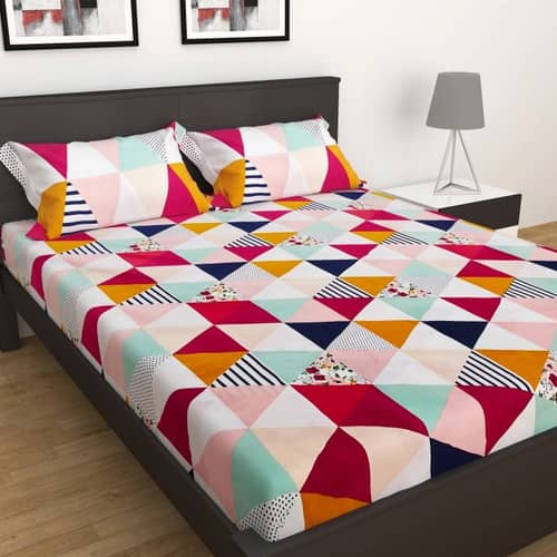 Poly Microfiber Jaipuri Print Double Bedsheet With Pillow Covers - White