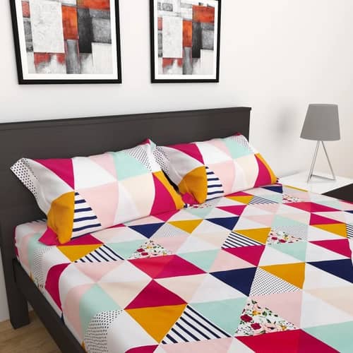 Poly Microfiber Jaipuri Print Double Bedsheet With Pillow Covers - White
