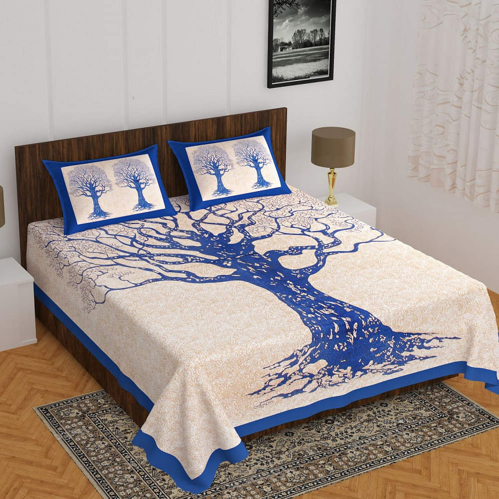Cotton Double Bedsheet With Pillow Covers Jaipuri Print - Blue - photo