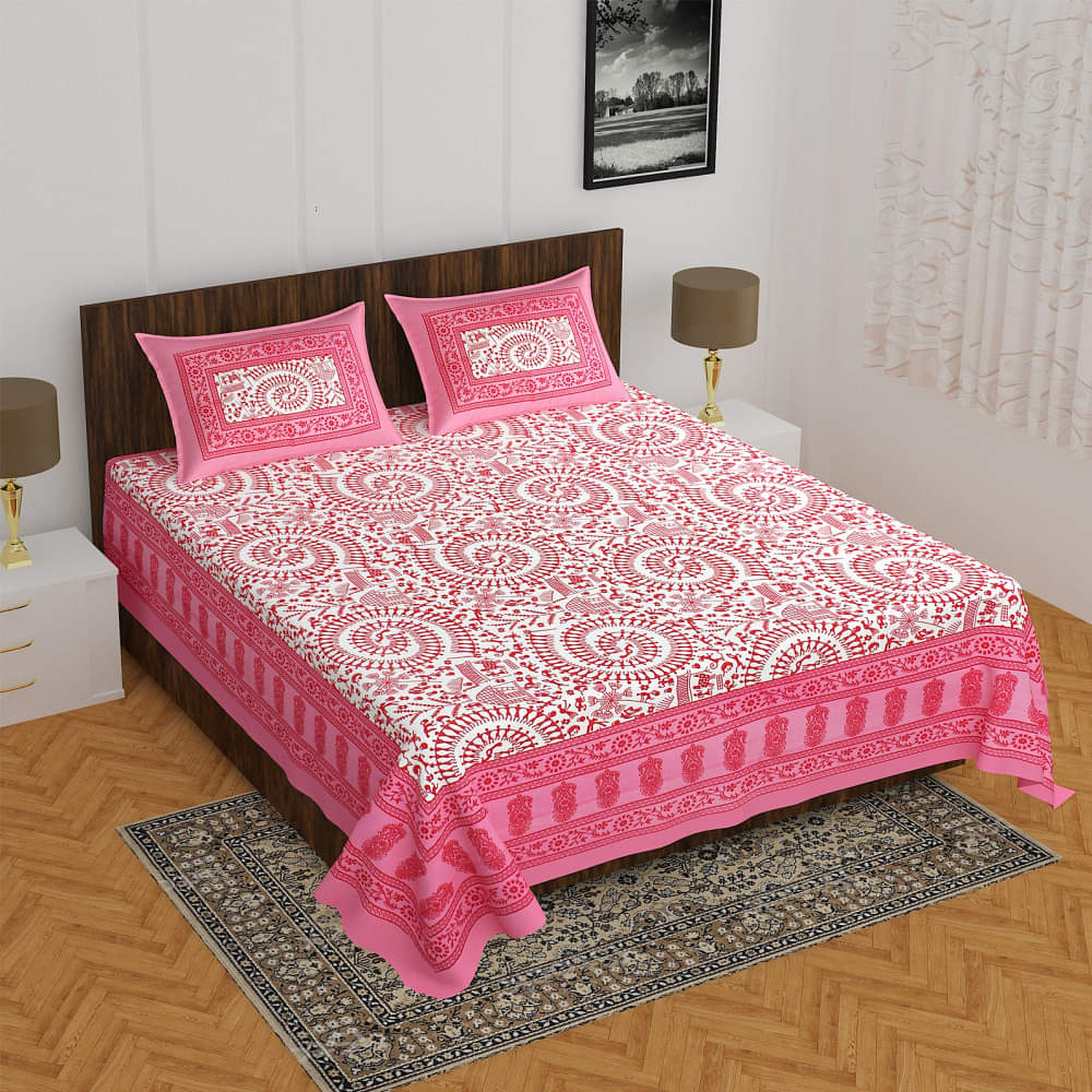 Cotton Double Bedsheet With Pillow Covers Jaipuri Print - Pink - photo