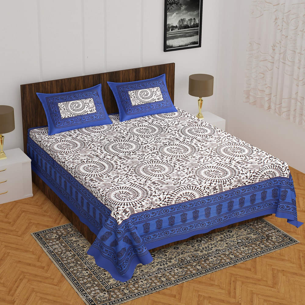 Cotton Double Bedsheet With Pillow Covers Jaipuri Print - Blue - photo