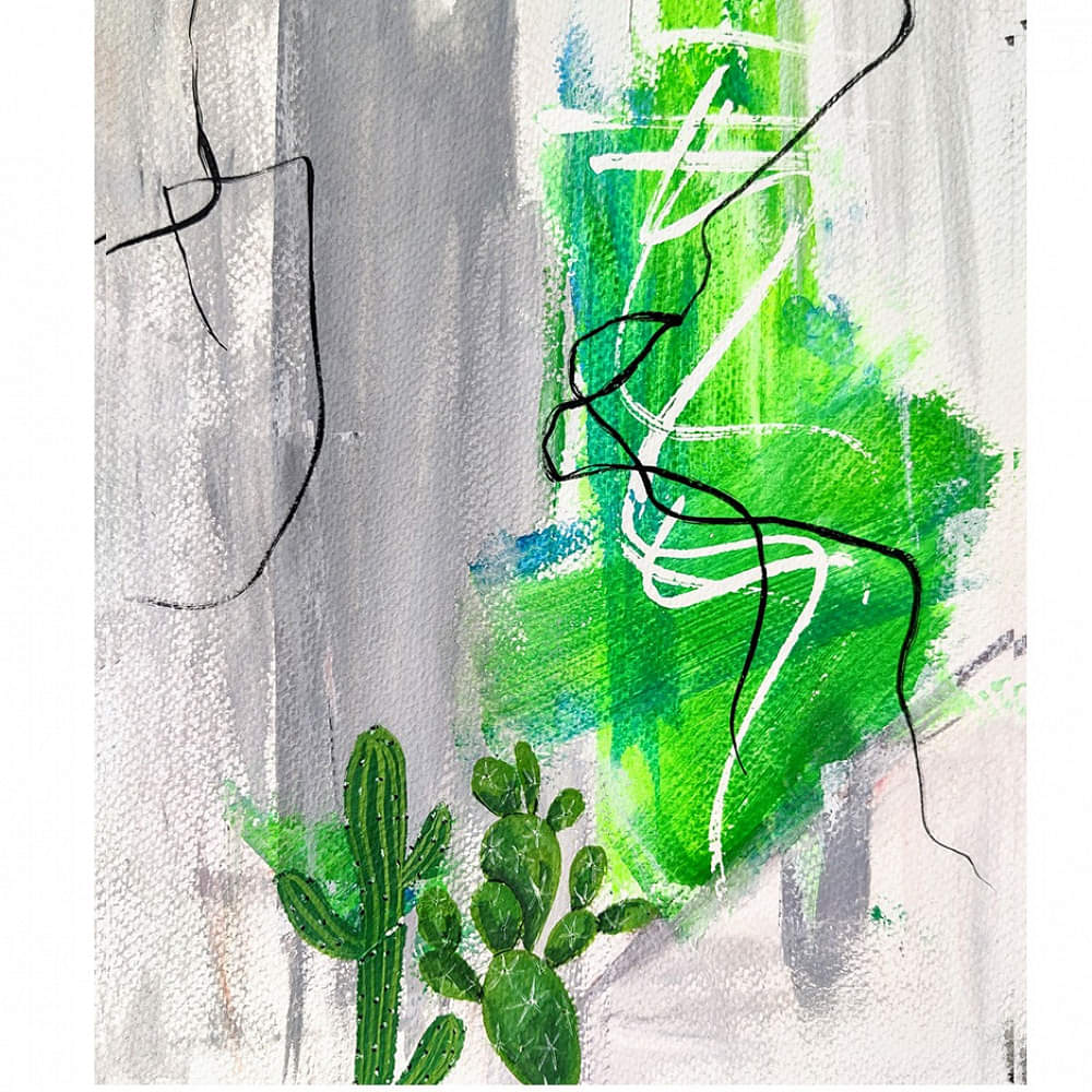 Modern Art Abstract Painting Wood Multicolor Cacti - photo