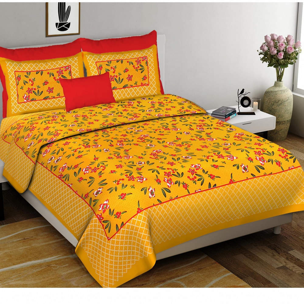 Jaipuri Printed Double Bed-sheet (Yellow) - photo