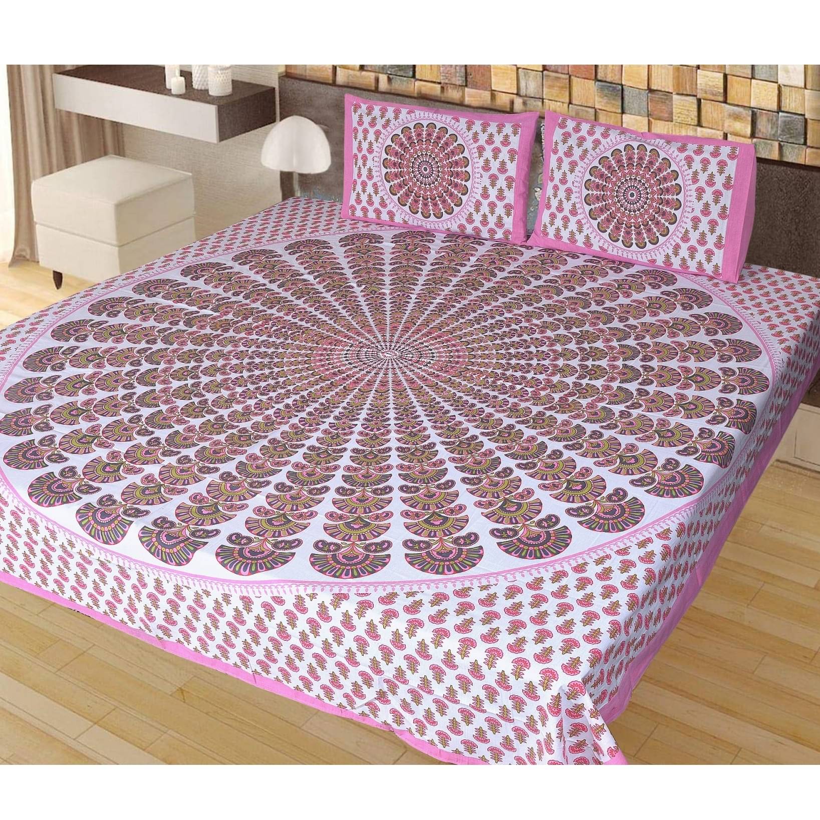 Jaipuri Printed Double Bed-sheet with 2 pillow covers