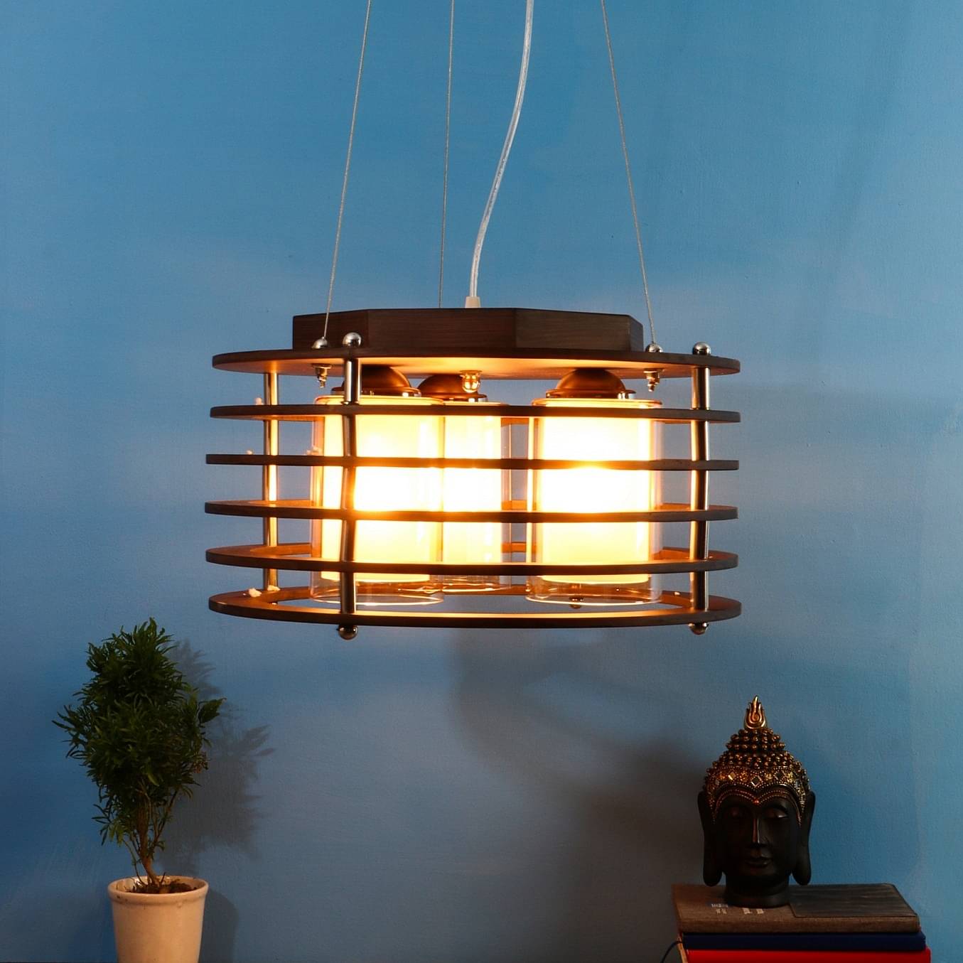 Brown Wood 16inch 3 Light Chandelier -without Bulb
