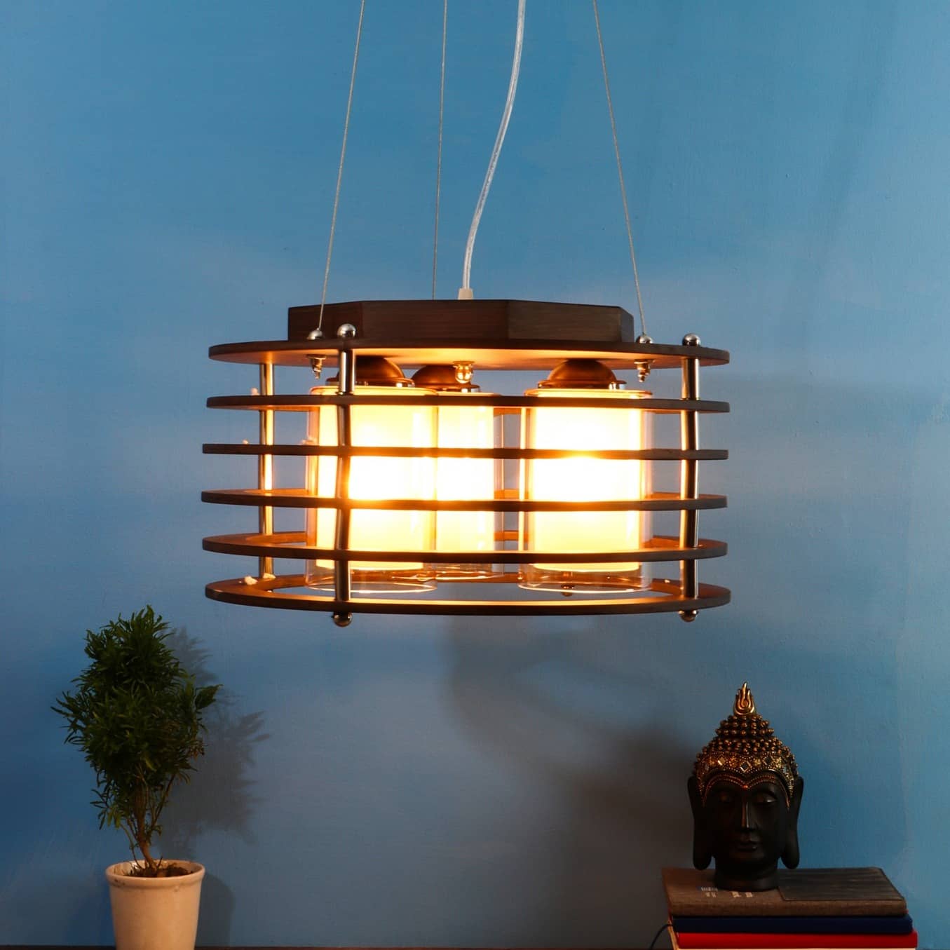 Brown Wood 16inch 3 Light Chandelier -without Bulb