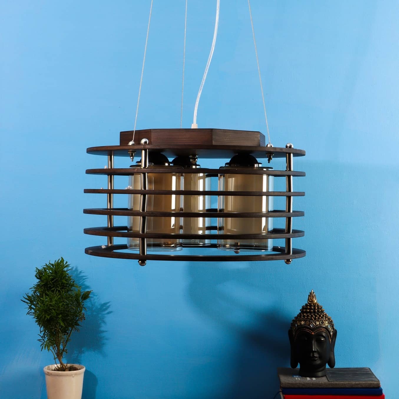 Brown Wood 16inch 3 Light Chandelier -without Bulb