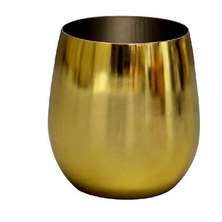 Modern Stemless Wine Flute Glasses w/ Hammered Brass Plated Design, Set of 4