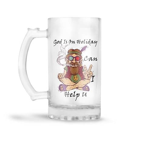 God is on holiday printed Beer Mug