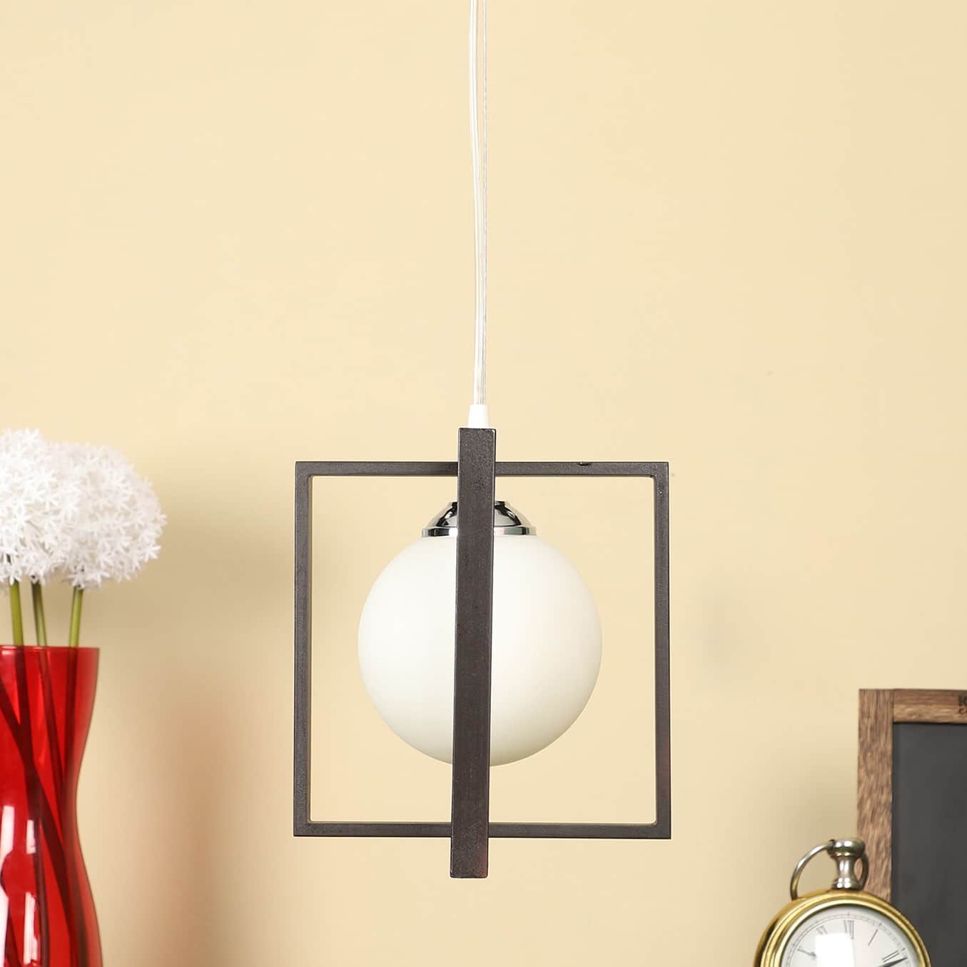 White Glass Single Hanging Light by Jainsons Lights- SQ-HL - without Bulb - front_view