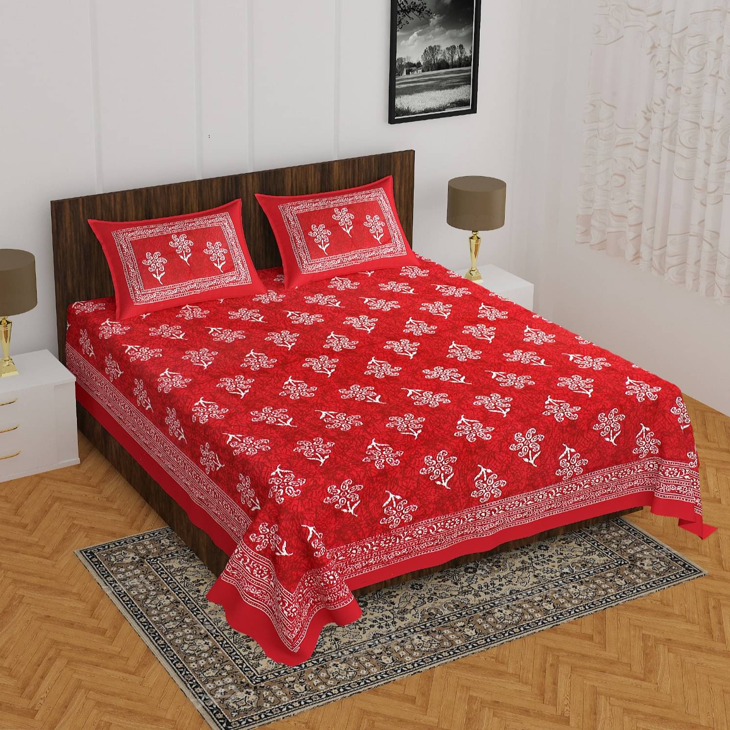 Cotton Double Bedsheet With Pillow Covers - Red