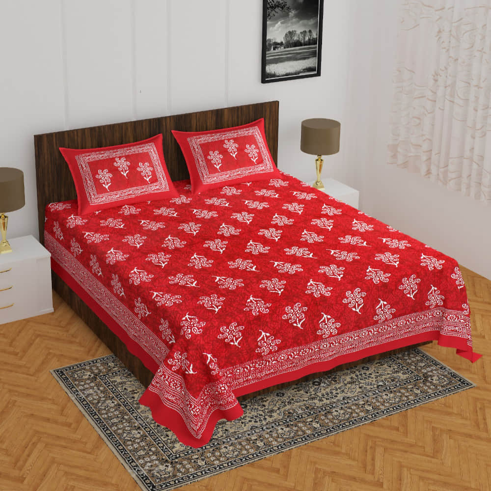 Cotton Double Bedsheet With Pillow Covers - Red - photo