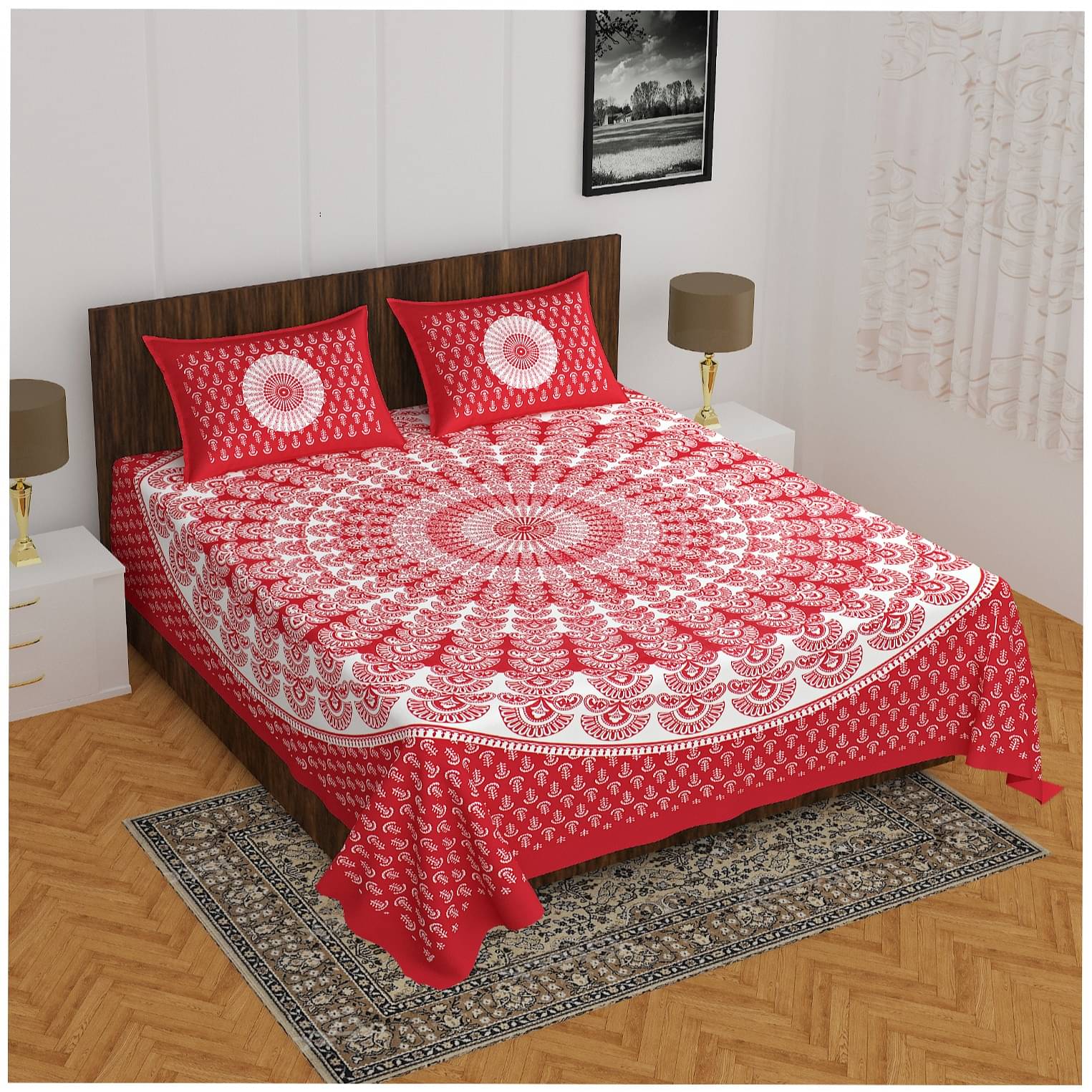 Cotton Double Bedsheet With Pillow Covers - Red