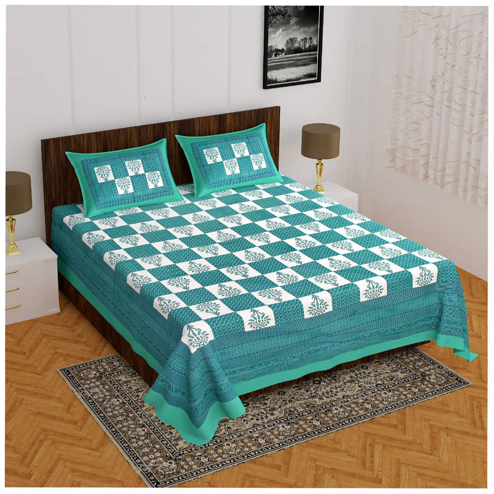 Cotton Double Bedsheet With Pillow Covers - Green - photo
