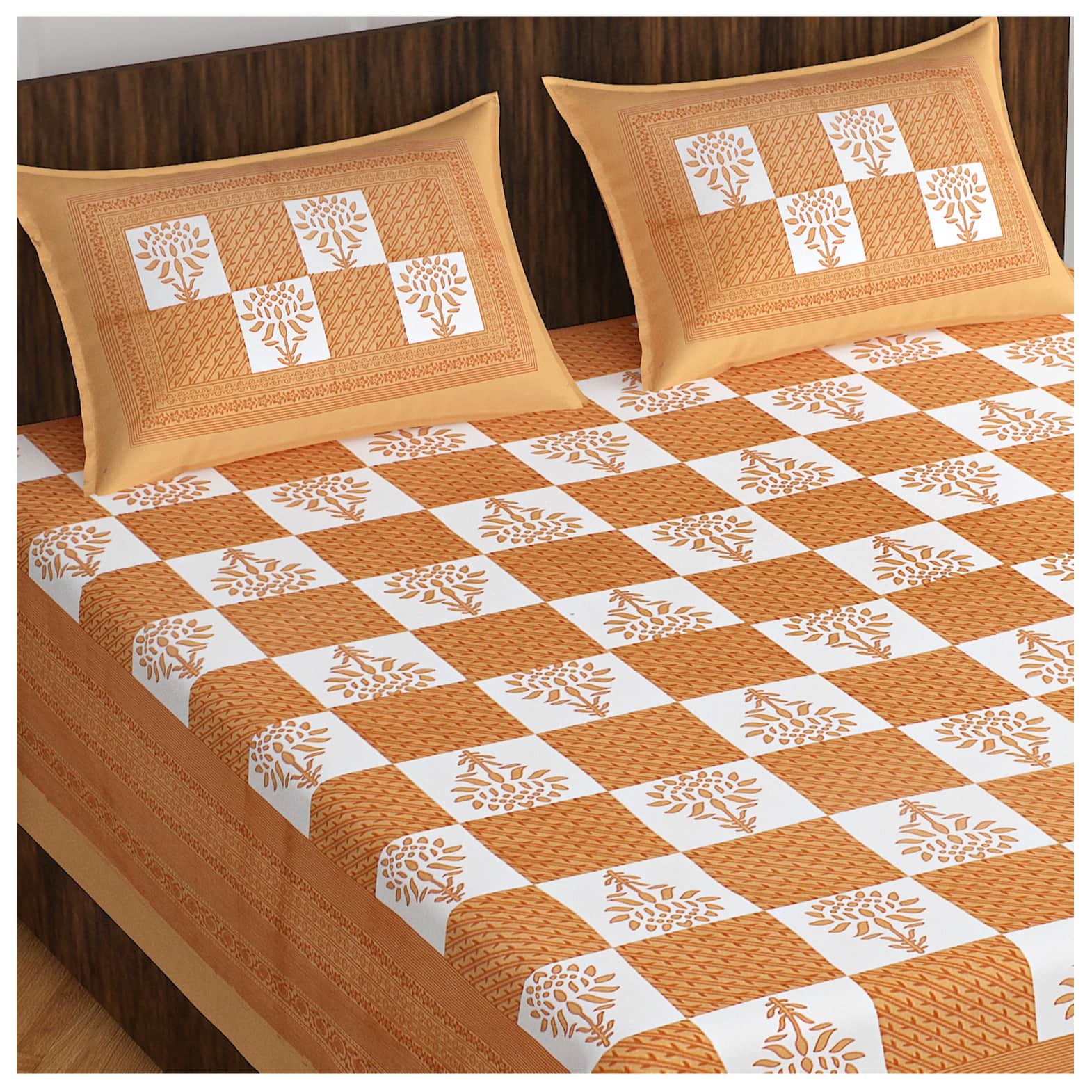Cotton Double Bedsheet With Pillow Covers - Brown - front_view