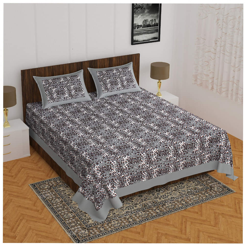 Cotton Double Bedsheet With Pillow Covers - Grey - photo