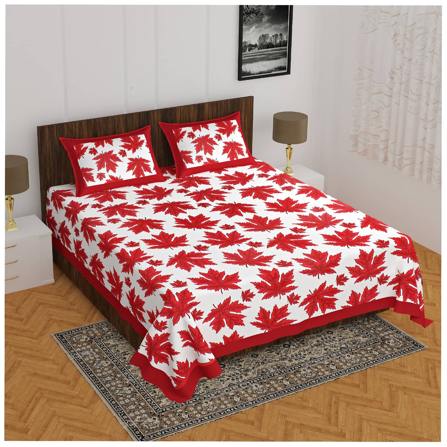 Cotton Double Bedsheet With Pillow Covers - Red