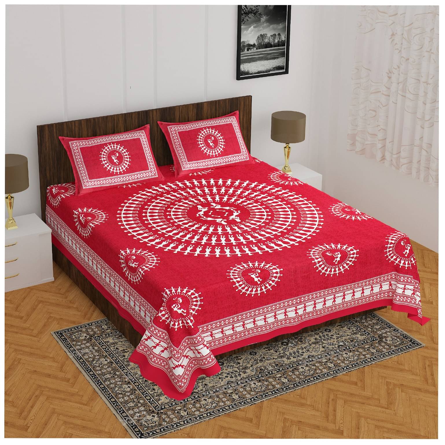 Cotton Double Bedsheet With Pillow Covers - Red