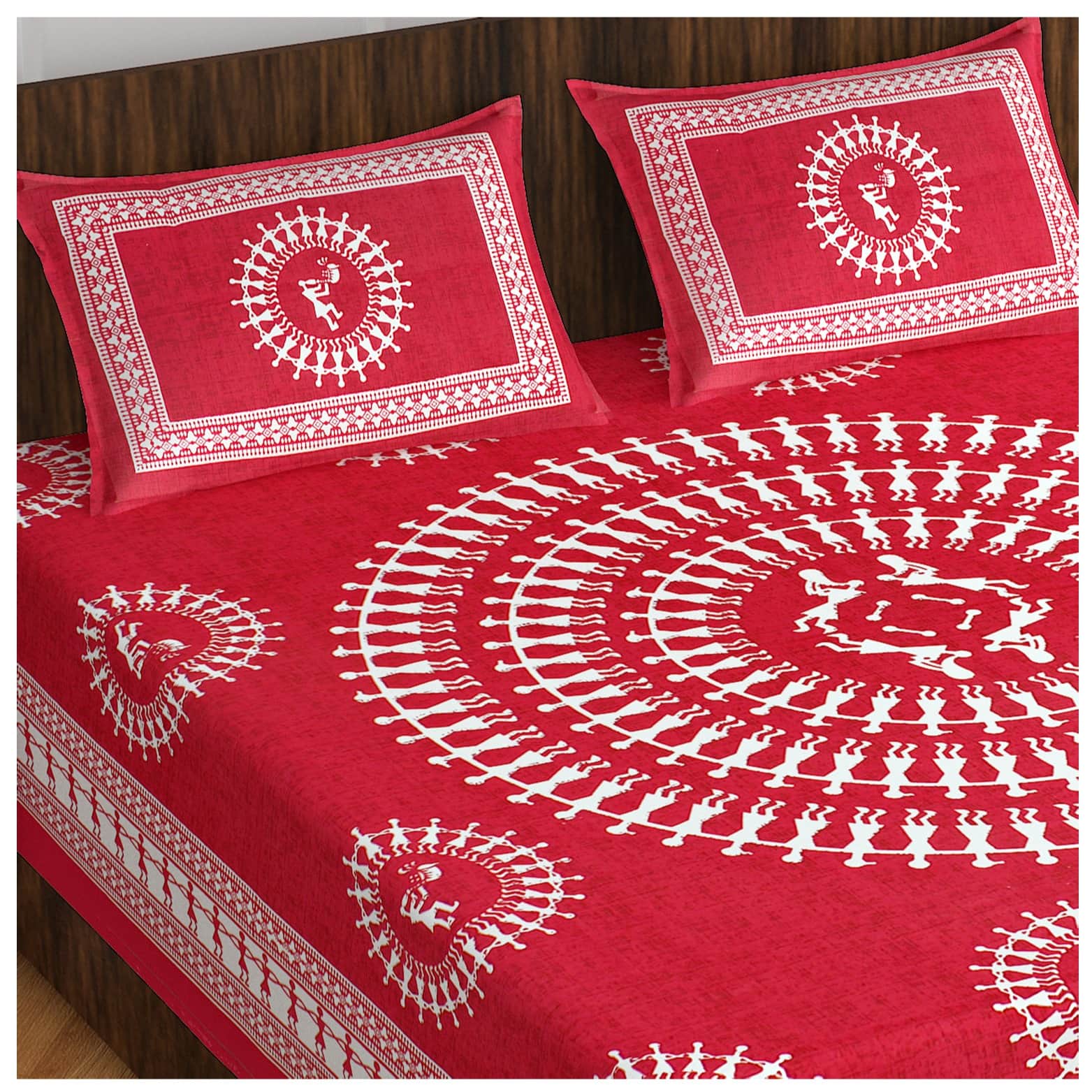 Cotton Double Bedsheet With Pillow Covers - Red - front_view