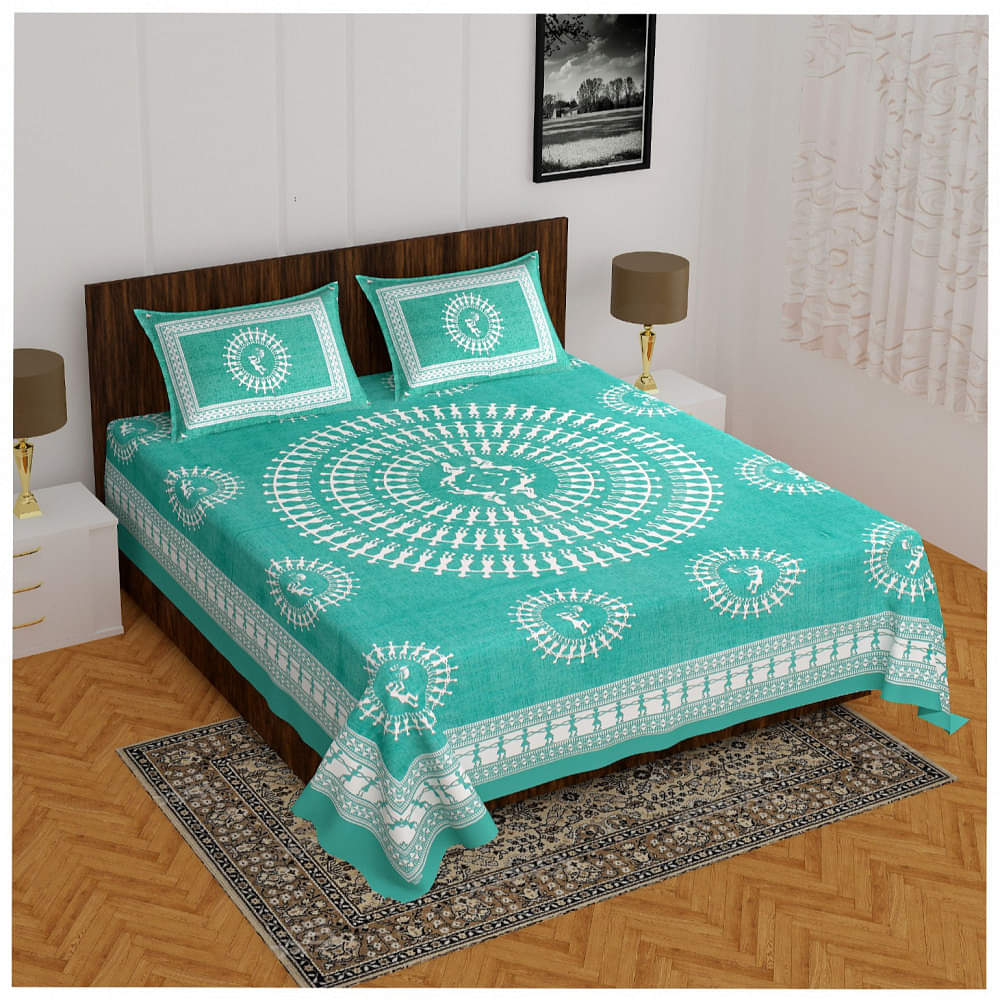 Cotton Double Bedsheet With Pillow Covers - Green - photo