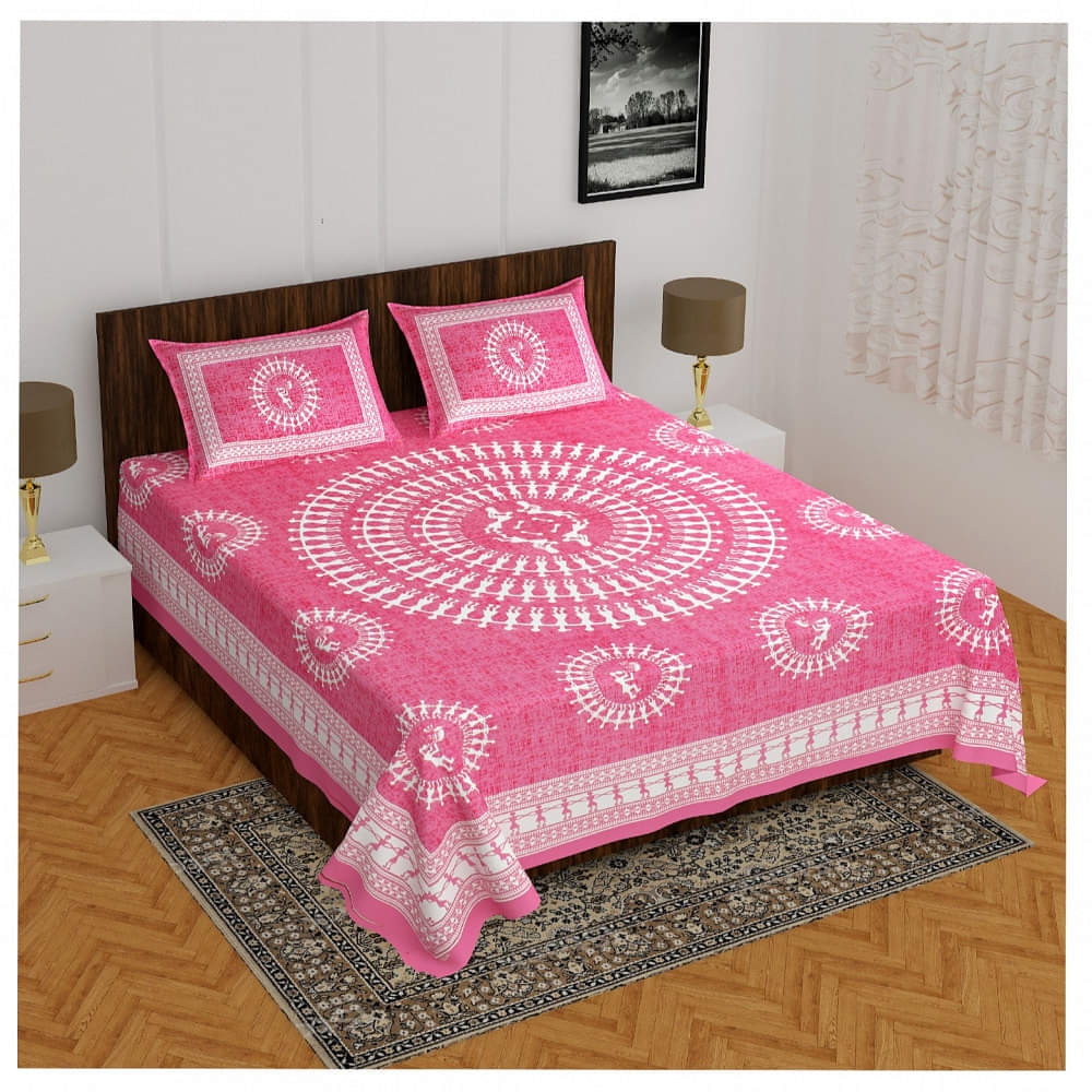 Cotton Double Bedsheet With Pillow Covers - Pink - photo