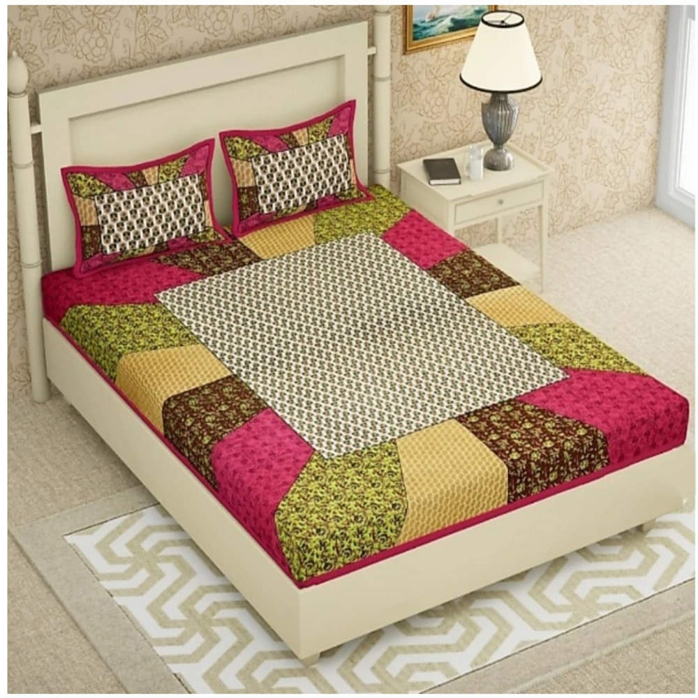 Cotton Printed Double Bedsheet With Pillow Covers - Multicolor - photo