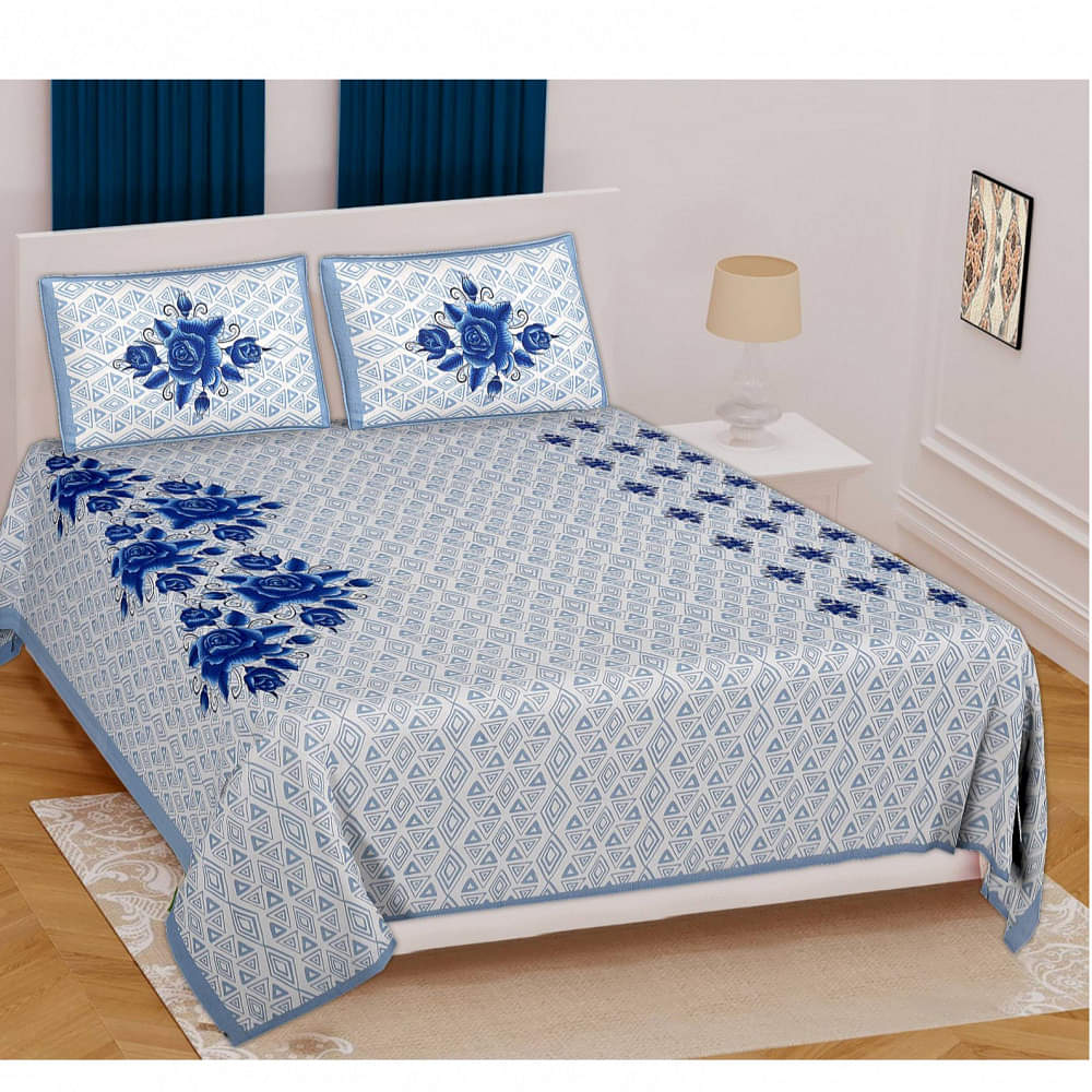 Cotton Printed Double Bed sheet With Pillow Covers - Blue - photo