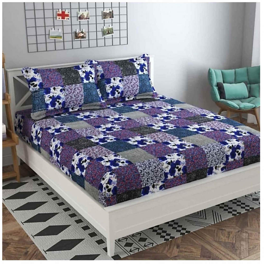 Cotton Double Bedsheet With Pillow Covers Printed - Purple - photo