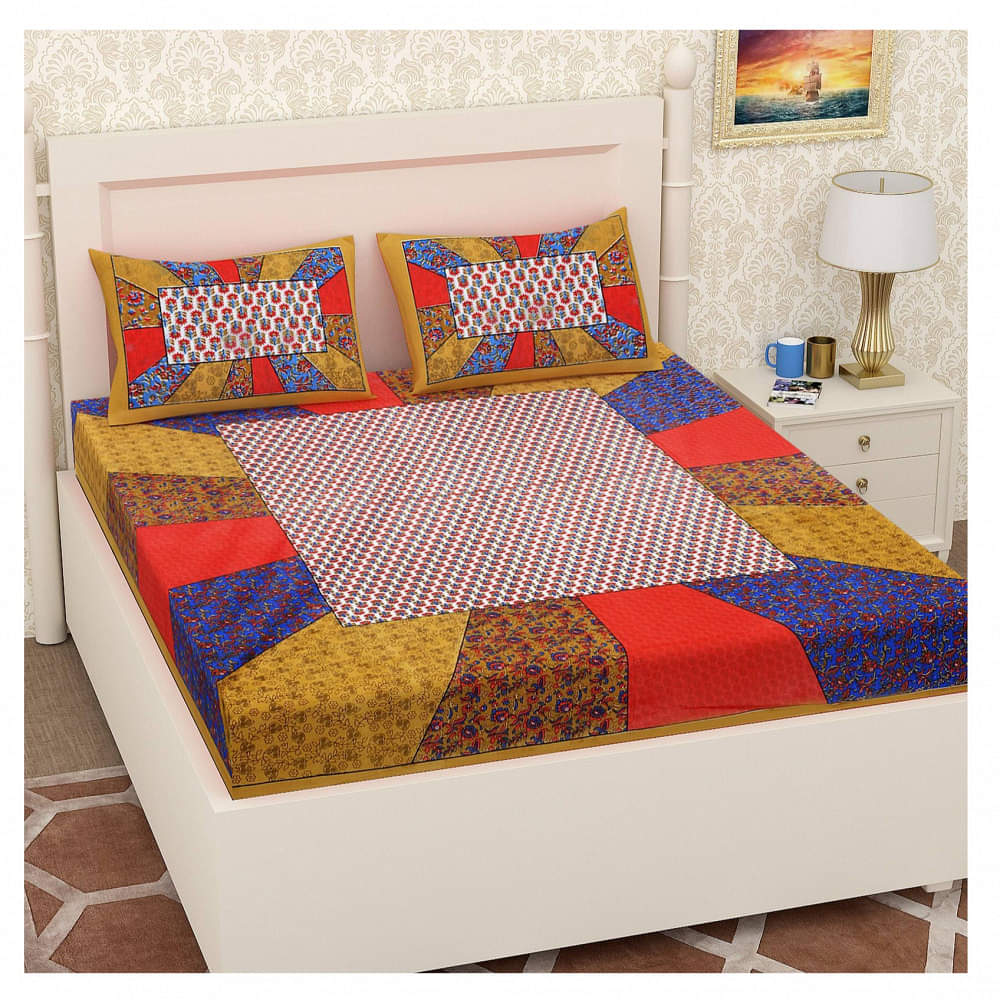 Cotton Printed Double Bedsheet With Pillow Covers - Multicolor - photo