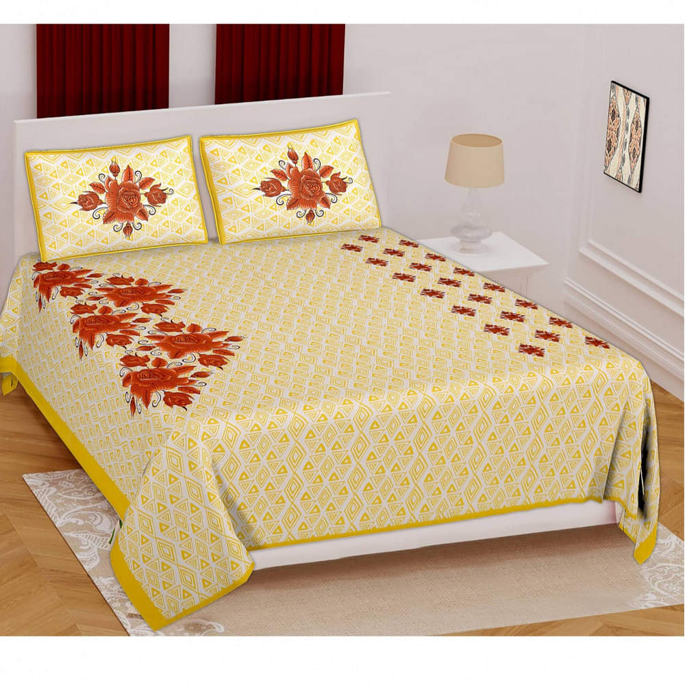 Cotton Printed Double Bedsheet With Pillow Covers - Yellow - photo
