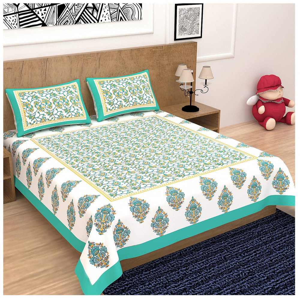 Pure Cotton Double Bedsheet With Pillow Covers - Green - photo
